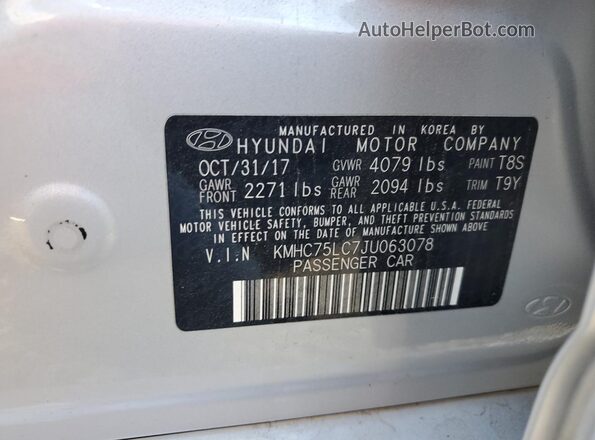 KMHC75LC7JU063078 2018 HYUNDAI IONIQ Silver Вид наклейки з VIN-кодом