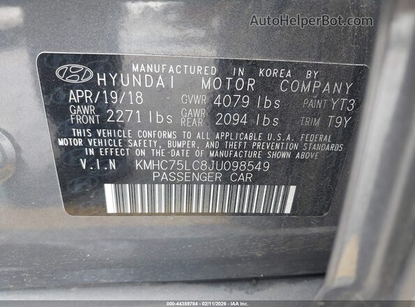 KMHC75LC8JU098549 2018 HYUNDAI IONIQ HYBRID Gray 