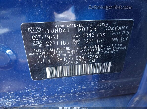 KMHC75LD2NU276602 2022 HYUNDAI IONIQ PLUG-IN HYBRID Blue Շարժիչի բաժամունքի տեսք