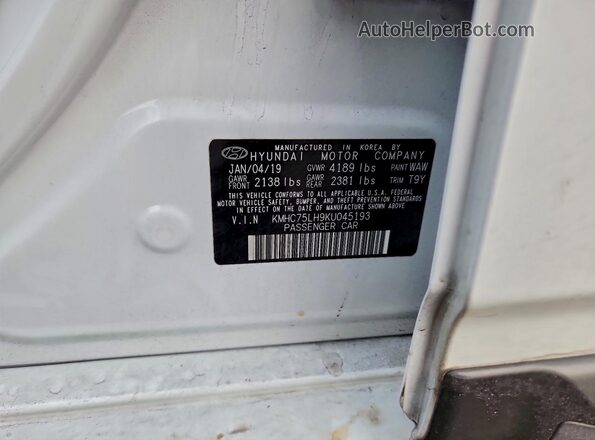 KMHC75LH9KU045193 2019 HYUNDAI IONIQ Белый Вид подкапотного пространства