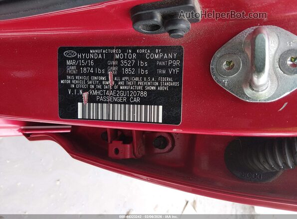 KMHCT4AE2GU120788 2016 HYUNDAI ACCENT Red ძრავის განყოფილების ხედი