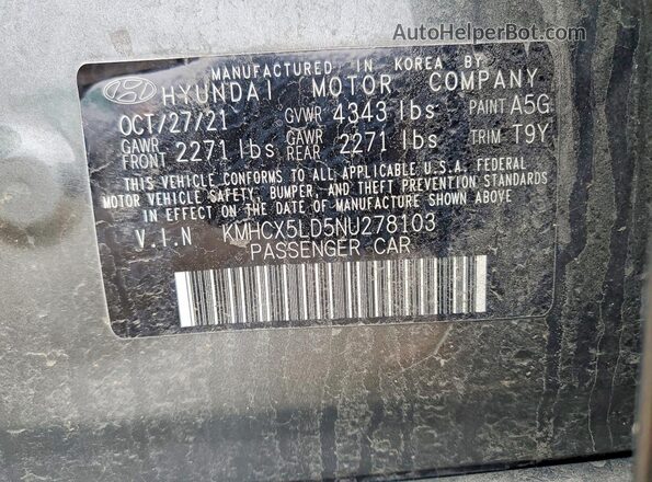 KMHCX5LD5NU278103 2022 HYUNDAI IONIQ Gray 