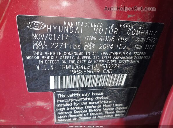 KMHD04LB1JU586221 2018 HYUNDAI ELANTRA Red Вид підкапотного простору
