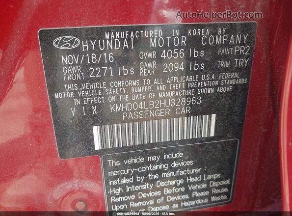 KMHD04LB2HU328963 2017 HYUNDAI ELANTRA Red 