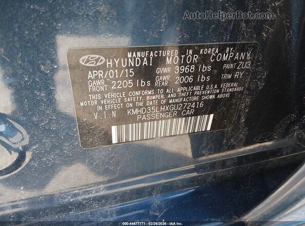 KMHD35LHXGU272416 2016 HYUNDAI ELANTRA GT Blue ძრავის განყოფილების ხედი