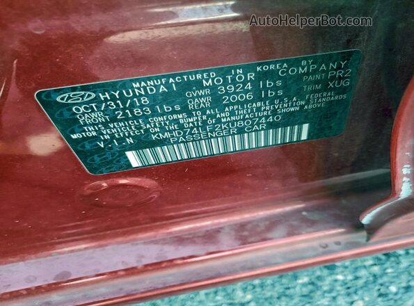 KMHD74LF2KU807440 2019 HYUNDAI ELANTRA Red Շարժիչի բաժամունքի տեսք