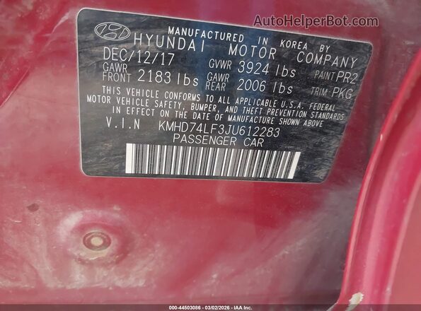 KMHD74LF3JU612283 2018 HYUNDAI ELANTRA Red Widok komory silnika