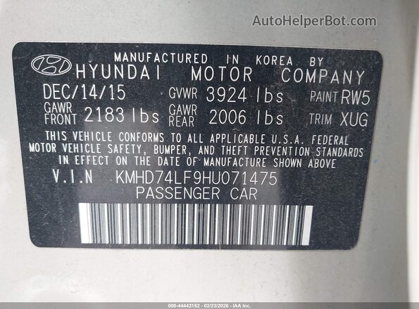 KMHD74LF9HU071475 2017 HYUNDAI ELANTRA Gold ძრავის განყოფილების ხედი