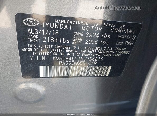 KMHD84LF1KU754615 2019 HYUNDAI ELANTRA Gray 