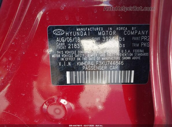 KMHD84LF3KU744846 2019 HYUNDAI ELANTRA Red 
