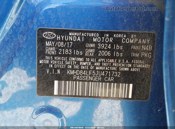 KMHD84LF5JU471732 2018 HYUNDAI ELANTRA Blue ძრავის განყოფილების ხედი