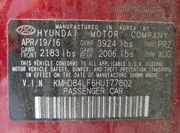 KMHD84LF6HU177802 2017 HYUNDAI ELANTRA Red 