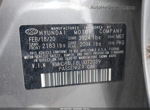 KMHD84LF8LU072039 2020 HYUNDAI ELANTRA Gray Vista del compartimento del motor