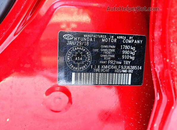 KMHD84LF9JU638514 2018 HYUNDAI ELANTRA Red Vista de la etiqueta del VIN