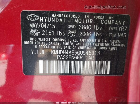 KMHDH4AE6GU546313 2016 HYUNDAI ELANTRA Red Vista del compartimento del motor