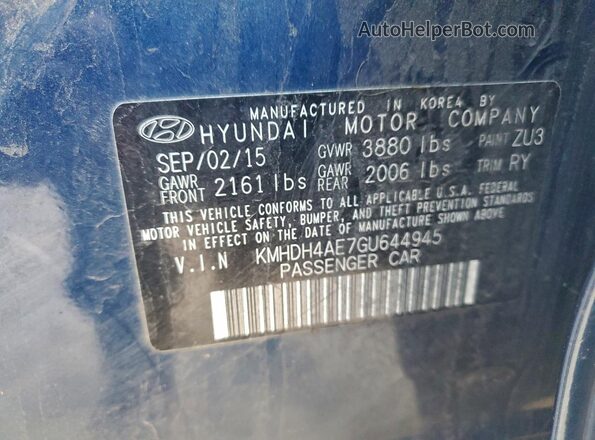 KMHDH4AE7GU644945 2016 HYUNDAI ELANTRA Синий Вид подкапотного пространства