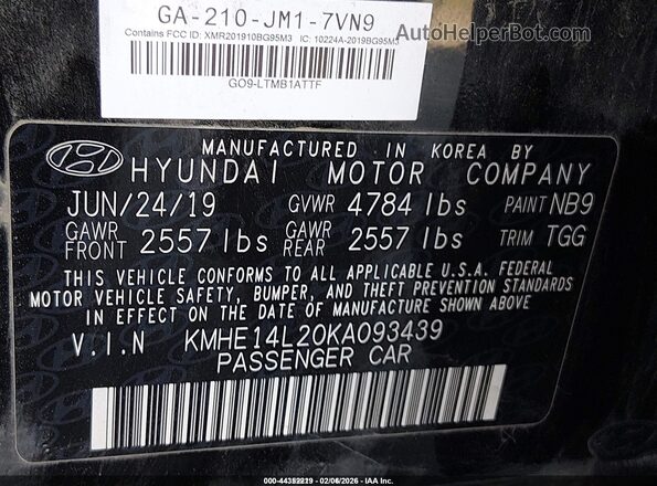 KMHE14L20KA093439 2019 HYUNDAI SONATA PLUG-IN HYBRID Черный Вид подкапотного пространства