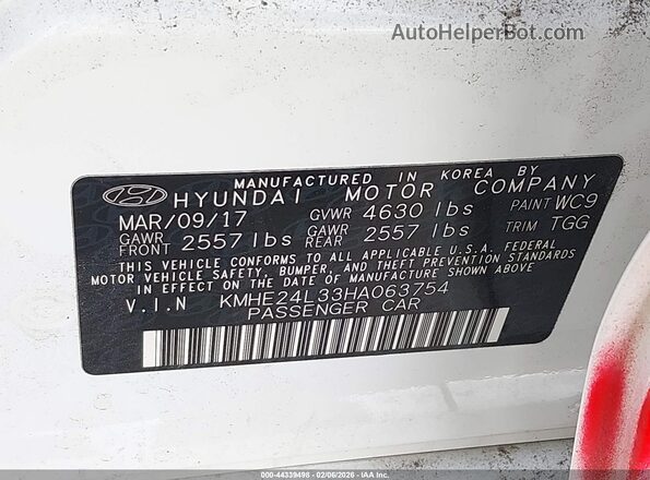 KMHE24L33HA063754 2017 HYUNDAI SONATA HYBRID Белый 
