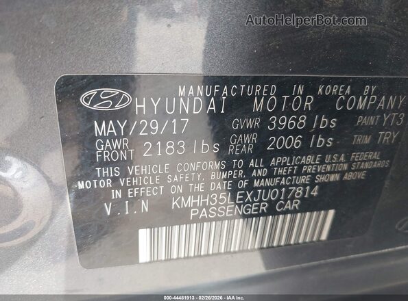 KMHH35LEXJU017814 2018 HYUNDAI ELANTRA GT Gray ძრავის განყოფილების ხედი