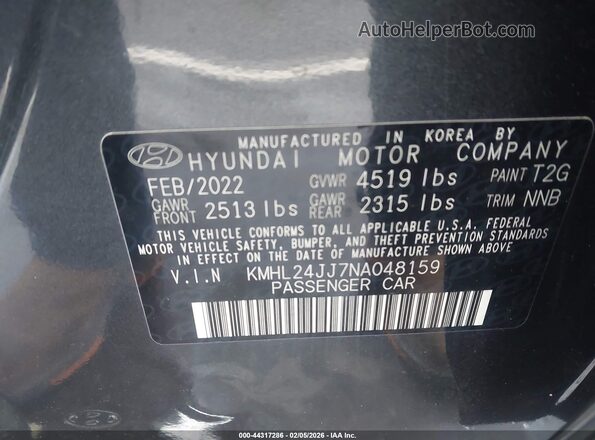KMHL24JJ7NA048159 2022 HYUNDAI SONATA HYBRID Gray 