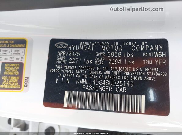 KMHLL4DG4SU028149 2025 HYUNDAI ELANTRA Белый 