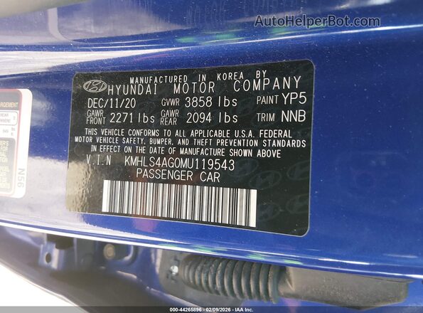 KMHLS4AG0MU119543 2021 HYUNDAI ELANTRA Blue 