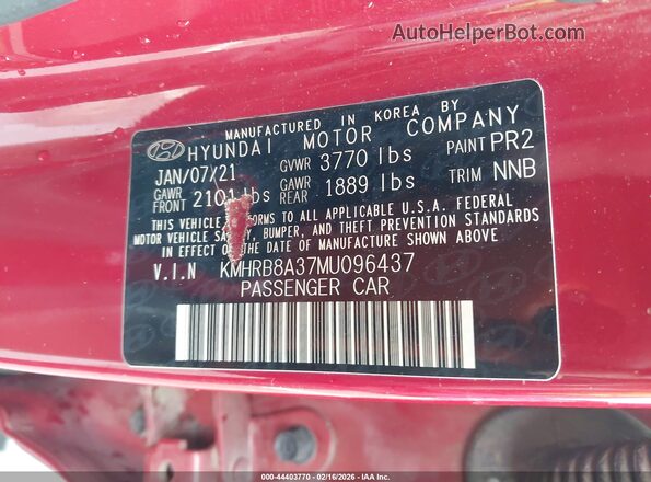 KMHRB8A37MU096437 2021 HYUNDAI VENUE Red 