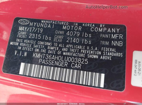 KMHT36AH0LU003825 2020 HYUNDAI VELOSTER N Red Widok komory silnika