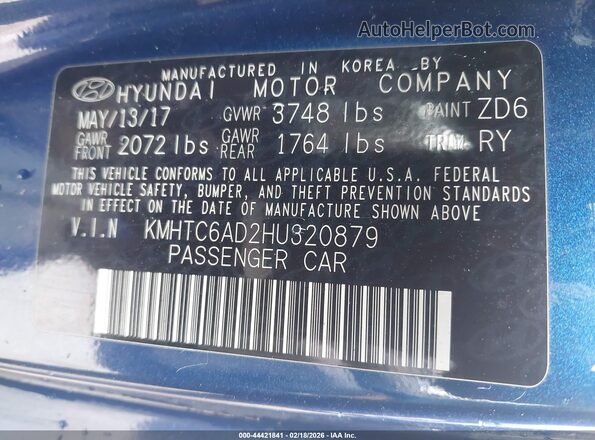 KMHTC6AD2HU320879 2017 HYUNDAI VELOSTER Blue Widok komory silnika