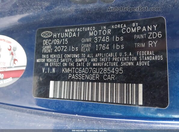 KMHTC6AD7GU285495 2016 HYUNDAI VELOSTER Blue Вид підкапотного простору