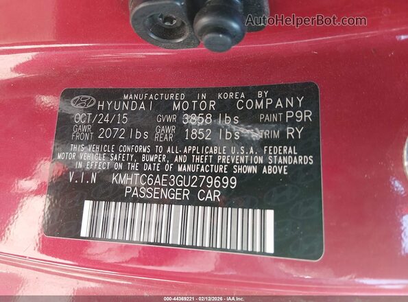 KMHTC6AE3GU279699 2016 HYUNDAI VELOSTER Red ძრავის განყოფილების ხედი
