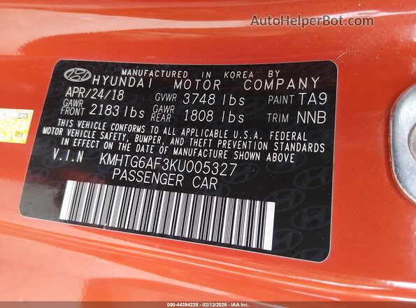 KMHTG6AF3KU005327 2019 HYUNDAI VELOSTER Orange Engine compartment view