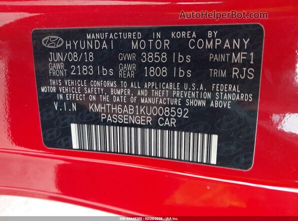 KMHTH6AB1KU008592 2019 HYUNDAI VELOSTER Red 