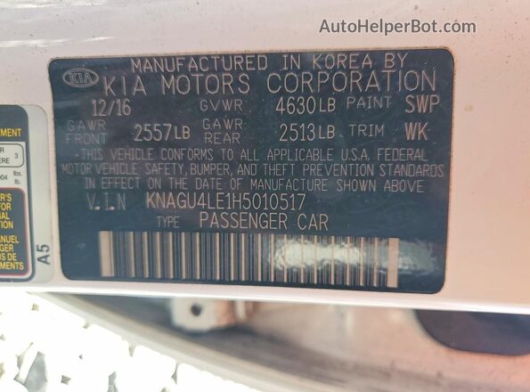 KNAGU4LE1H5010517 2017 KIA OPTIMA White VIN sticker view