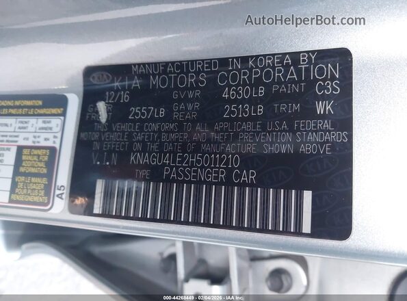 KNAGU4LE2H5011210 2017 KIA OPTIMA HYBRID Silver Vista del compartimento del motor