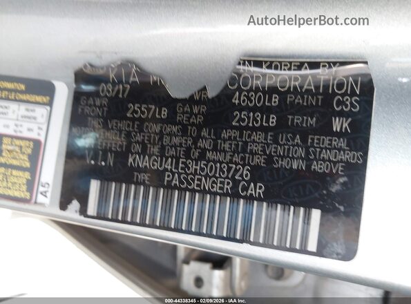 KNAGU4LE3H5013726 2017 KIA OPTIMA HYBRID Silver ძრავის განყოფილების ხედი