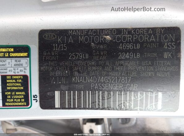 KNALN4D74G5217817 2016 KIA CADENZA Silver Widok komory silnika