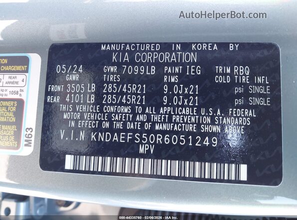 KNDAEFS50R6051249 2024 KIA EV9 Gray Vista del compartimento del motor