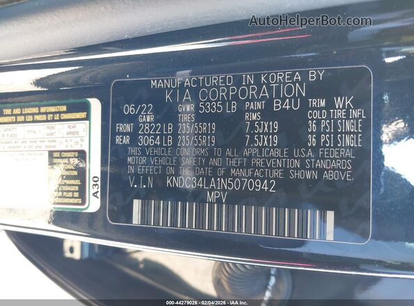 KNDC34LA1N5070942 2022 KIA EV6 Blue Շարժիչի բաժամունքի տեսք
