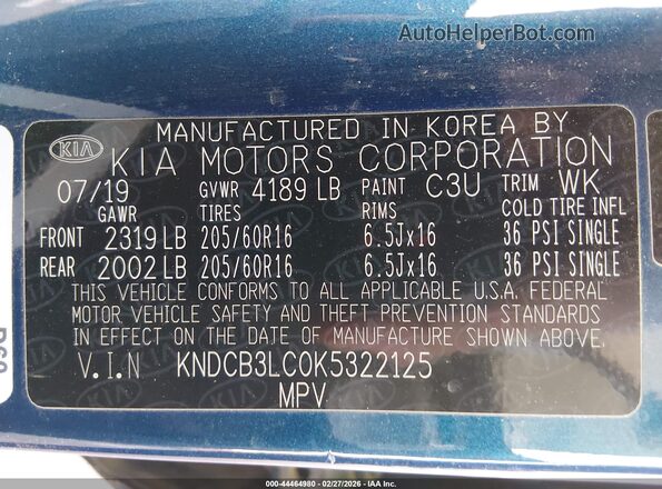 KNDCB3LC0K5322125 2019 KIA NIRO Blue Vista del compartimento del motor