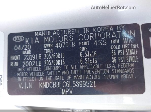 KNDCB3LC6L5399521 2020 KIA NIRO Серебряный 