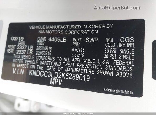 KNDCC3LD2K5289019 2019 KIA NIRO PLUG-IN HYBRID White Вид підкапотного простору