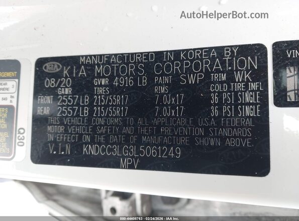 KNDCC3LG3L5061249 2020 KIA NIRO EV White Widok komory silnika