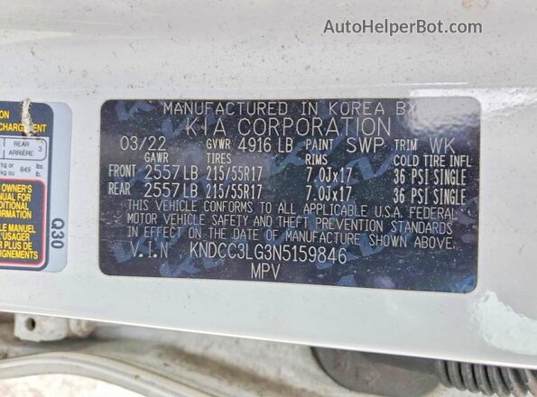 KNDCC3LG3N5159846 2022 KIA NIRO White Widok naklejki z numerem VIN