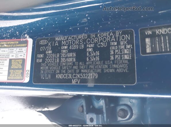 KNDCE3LC2K5322179 2019 KIA NIRO Blue ძრავის განყოფილების ხედი
