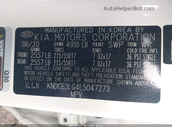 KNDCE3LG4L5047273 2020 KIA NIRO EV White Widok komory silnika