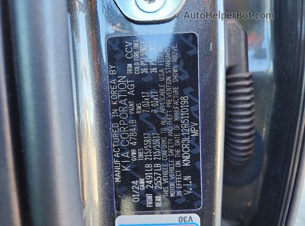 KNDCR3L12R5110198 2024 KIA NIRO Gray Vista de la etiqueta del VIN