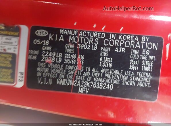 KNDJN2A23K7638240 2019 KIA SOUL Красный Вид подкапотного пространства