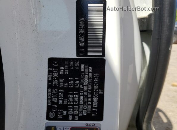 KNDMB5C12H6249406 2017 KIA SEDONA White Widok naklejki z numerem VIN