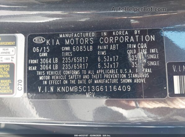 KNDMB5C13G6116409 2016 KIA SEDONA Gray Vista del compartimento del motor